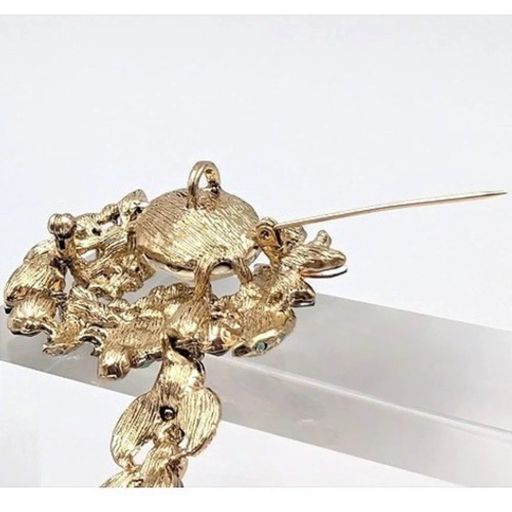 Botanical Rhinestone Brooch Pendant‎ Gold Tone Large Floral Garden Fairy Spring